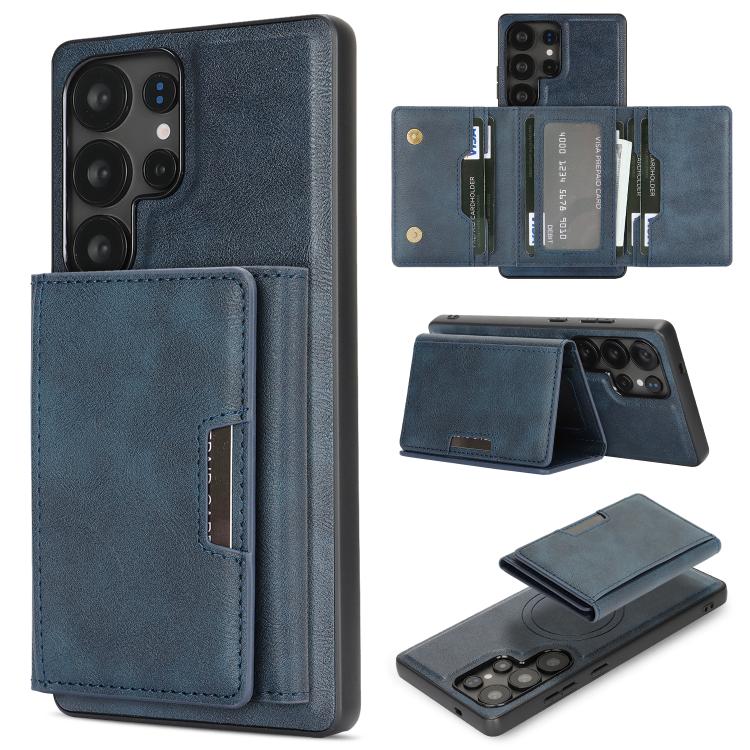 Funda de cuero plegable triple con imán fuerte MagSafe para Samsung Galaxy S22 Ultra 5G (azul)