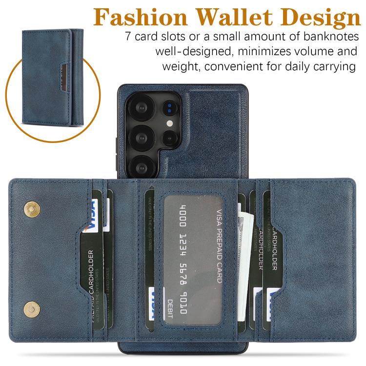 Funda de cuero plegable triple con imán fuerte MagSafe para Samsung Galaxy S22 Ultra 5G (azul)