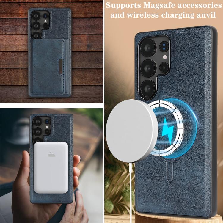 Funda de cuero plegable triple con imán fuerte MagSafe para Samsung Galaxy S22 Ultra 5G (azul)