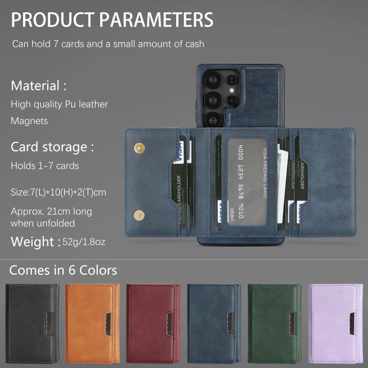 Funda de cuero plegable triple con imán fuerte MagSafe para Samsung Galaxy S22 Ultra 5G (azul)