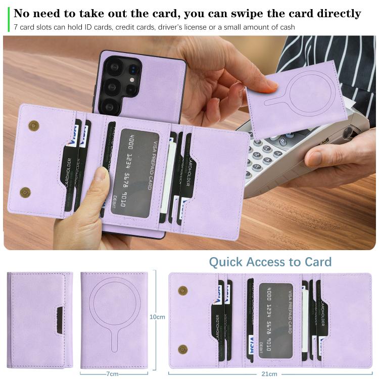 Funda de cuero plegable triple con imán fuerte MagSafe para Samsung Galaxy S22 Ultra 5G (morado)
