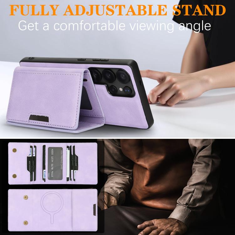 Funda de cuero plegable triple con imán fuerte MagSafe para Samsung Galaxy S22 Ultra 5G (morado)