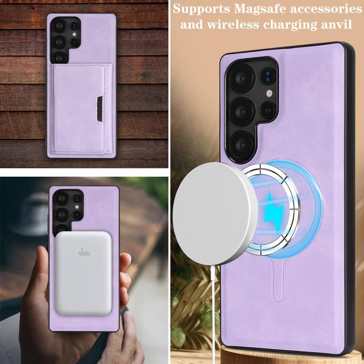 Funda de cuero plegable triple con imán fuerte MagSafe para Samsung Galaxy S22 Ultra 5G (morado)