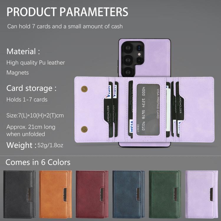 Funda de cuero plegable triple con imán fuerte MagSafe para Samsung Galaxy S22 Ultra 5G (morado)