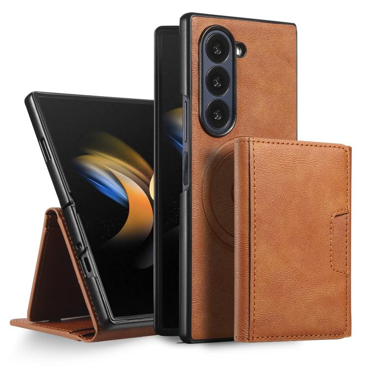 Funda de cuero plegable triple con imán fuerte Kalebol para Samsung Galaxy Z Fold6 (marrón)