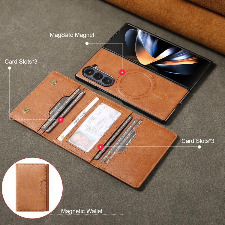 Funda de cuero plegable triple con imán fuerte Kalebol para Samsung Galaxy Z Fold6 (marrón)