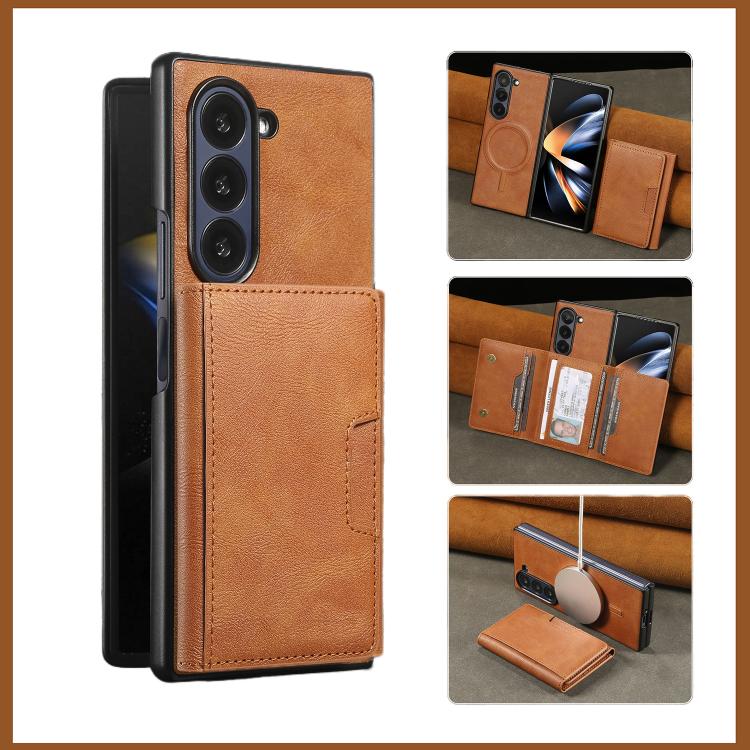 Funda de cuero plegable triple con imán fuerte Kalebol para Samsung Galaxy Z Fold6 (marrón)