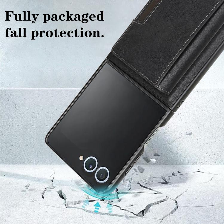 Funda de cuero plegable triple con imán fuerte Kalebol para Samsung Galaxy Z Flip7 (negro)