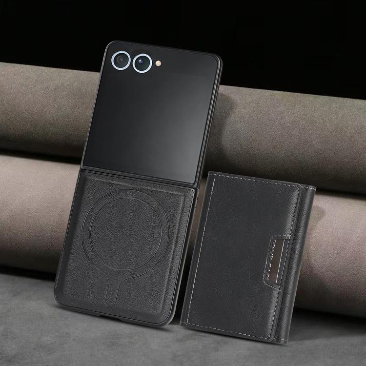 Funda de cuero plegable triple con imán fuerte Kalebol para Samsung Galaxy Z Flip7 (negro)