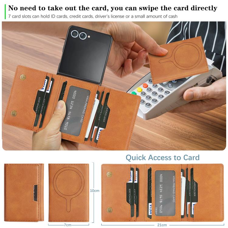 Funda de cuero plegable triple con imán fuerte Kalebol para Samsung Galaxy Z Flip7 (marrón)
