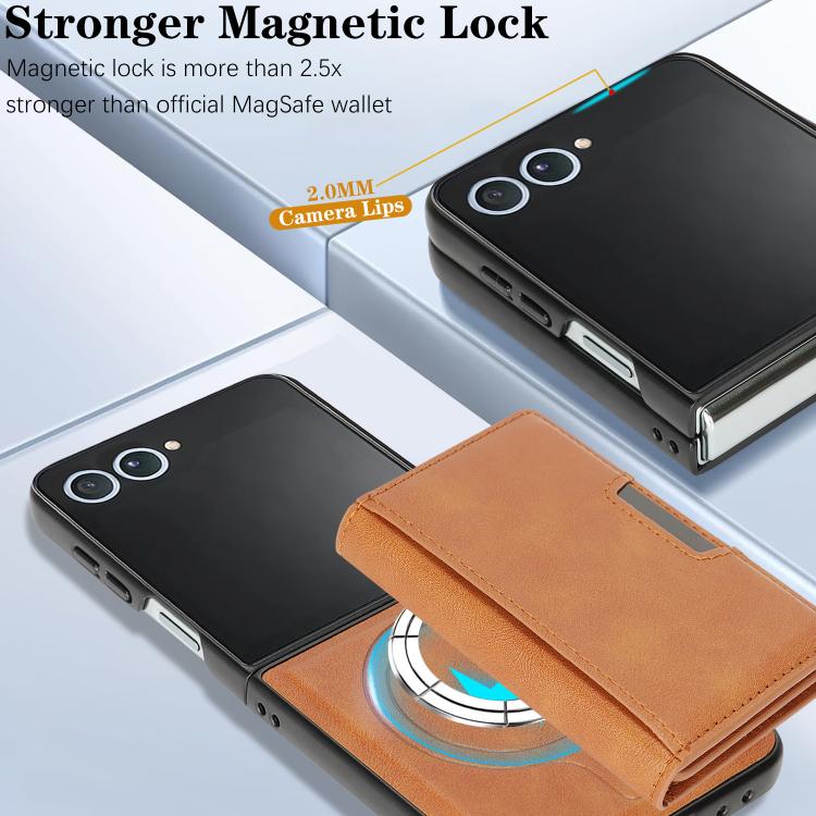 Funda de cuero plegable triple con imán fuerte Kalebol para Samsung Galaxy Z Flip7 (marrón)