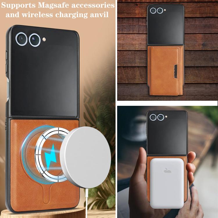 Funda de cuero plegable triple con imán fuerte Kalebol para Samsung Galaxy Z Flip7 (marrón)
