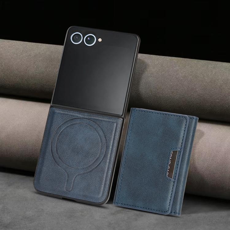 Funda de cuero plegable triple con imán fuerte Kalebol para Samsung Galaxy Z Flip7 (azul)