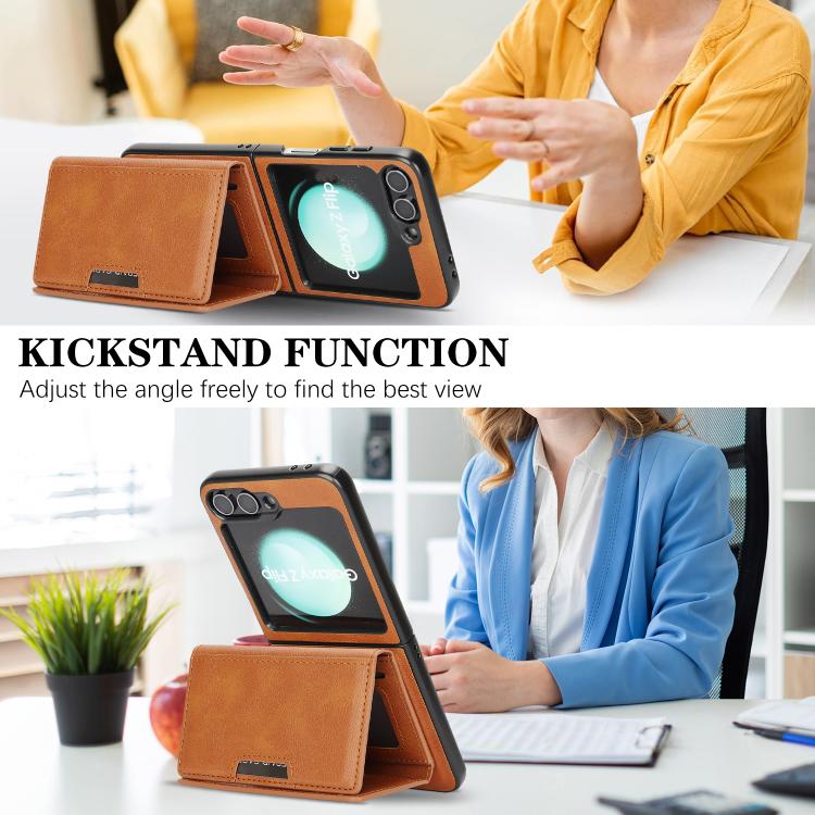 Funda de cuero plegable triple con imán fuerte MagSafe para Samsung Galaxy Z Flip6 (marrón)