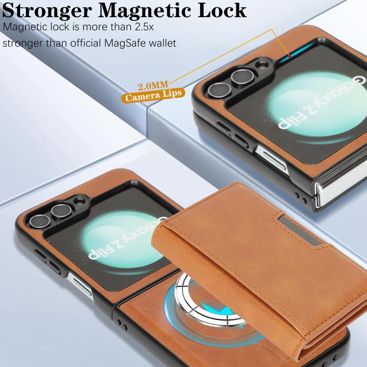 Funda de cuero plegable triple con imán fuerte MagSafe para Samsung Galaxy Z Flip6 (marrón)