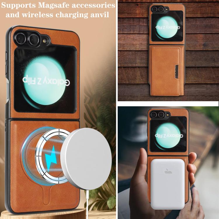 Funda de cuero plegable triple con imán fuerte MagSafe para Samsung Galaxy Z Flip6 (marrón)