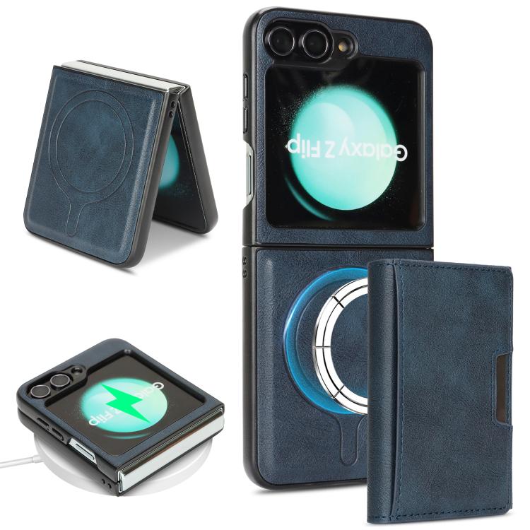 Funda de cuero plegable triple con imán fuerte MagSafe para Samsung Galaxy Z Flip6 (azul)