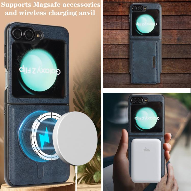 Funda de cuero plegable triple con imán fuerte MagSafe para Samsung Galaxy Z Flip6 (azul)