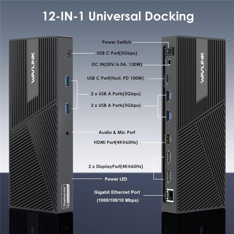 Estación de carga WAVLINK UG69PD24 12 en 1 PD 100 W para Thunderbolt 4/3 (Reino Unido)
