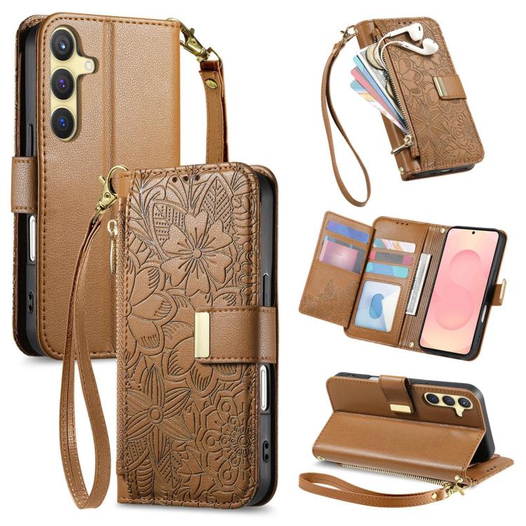 Funda de cuero con cremallera y correa para Samsung Galaxy S25+ 5G, diseño de flores y hojas (marrón)