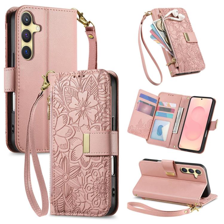 Funda de cuero con cremallera y correa para Samsung Galaxy S25+ 5G, diseño de flores y hojas (rosa)