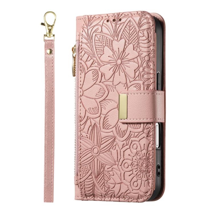 Funda de cuero con cremallera y correa para Samsung Galaxy S25+ 5G, diseño de flores y hojas (rosa)