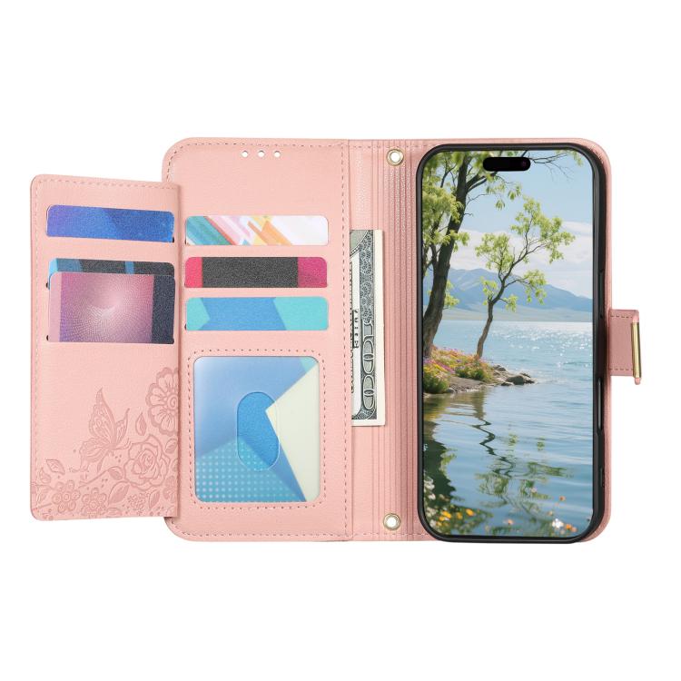 Funda de cuero con cremallera y correa para Samsung Galaxy S25+ 5G, diseño de flores y hojas (rosa)