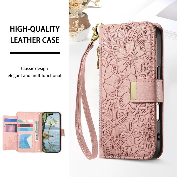 Funda de cuero con cremallera y correa para Samsung Galaxy S25+ 5G, diseño de flores y hojas (rosa)