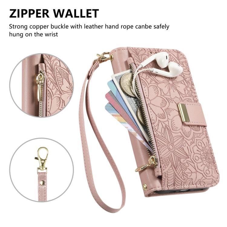 Funda de cuero con cremallera y correa para Samsung Galaxy S25+ 5G, diseño de flores y hojas (rosa)