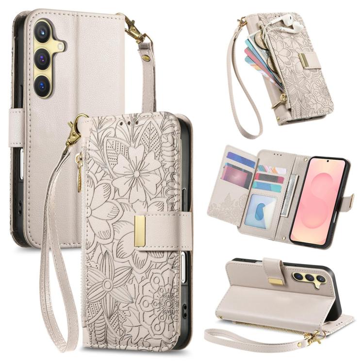 Funda de cuero con cremallera y correa para Samsung Galaxy S25+ 5G, diseño de flores y hojas (caqui)
