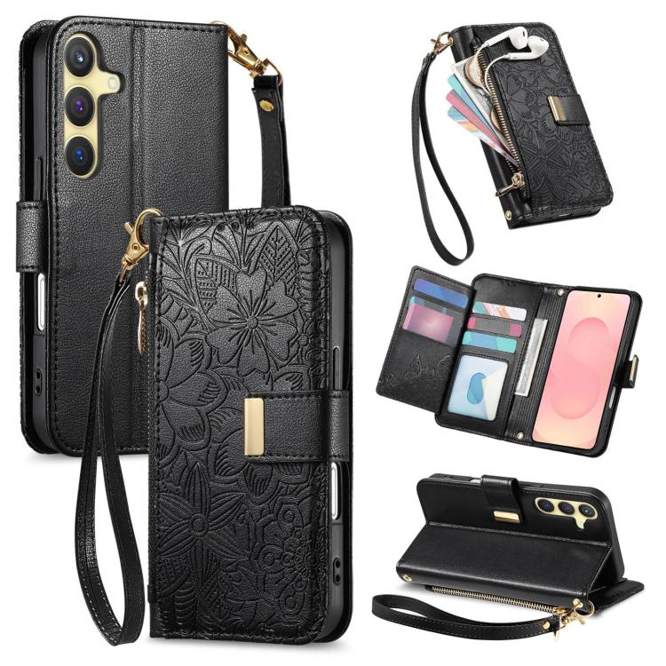 Funda de cuero con cremallera y correa para Samsung Galaxy S25+ 5G, diseño de flores y hojas (negro)