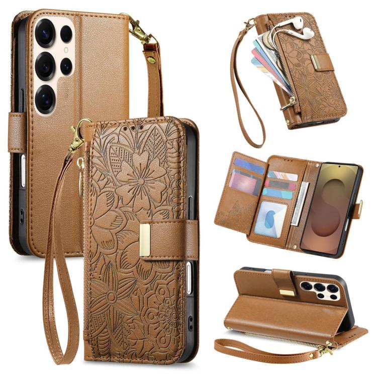 Funda de cuero con cremallera y correa para Samsung Galaxy S25 Ultra 5G, diseño de flores y hojas (marrón)