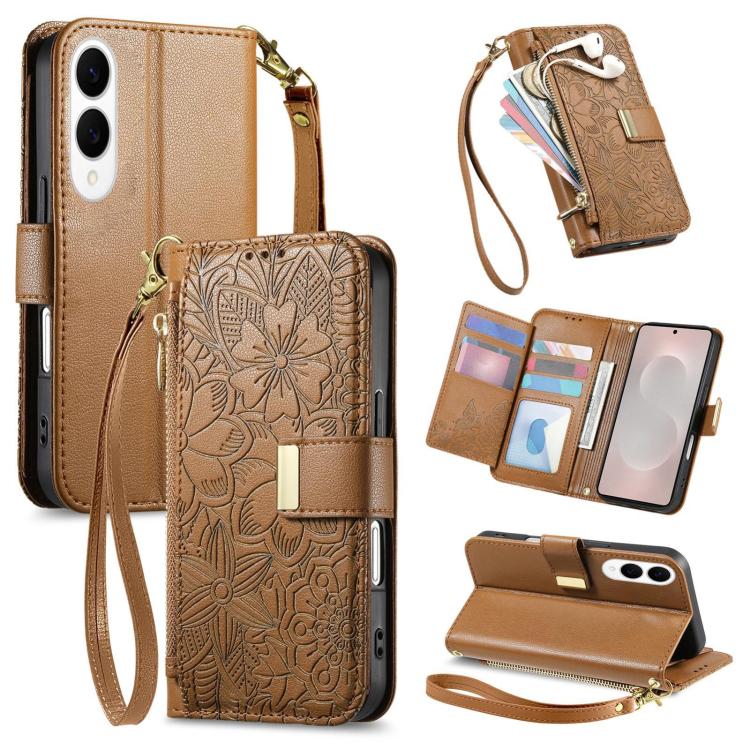 Funda de cuero con cremallera y correa para Samsung Galaxy S25 Edge 5G, diseño de flores y hojas (marrón)