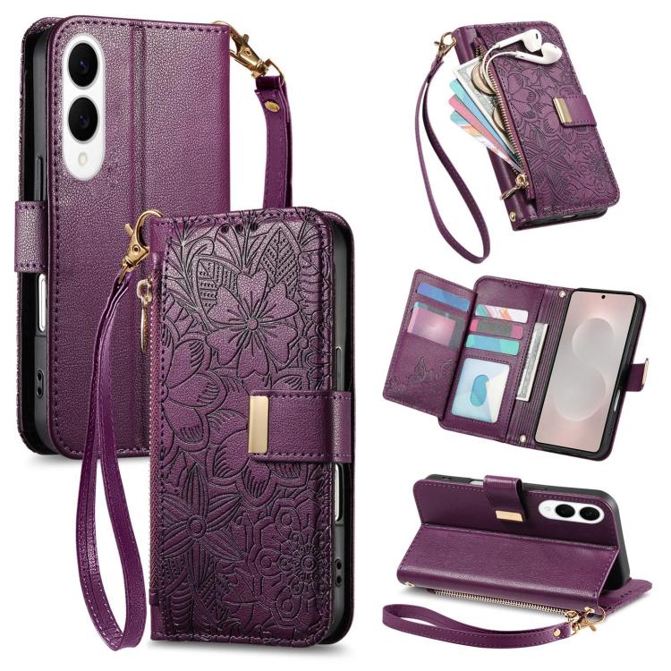 Funda de cuero con cremallera y correa para Samsung Galaxy S25 Edge 5G, diseño de flores y hojas (morado)