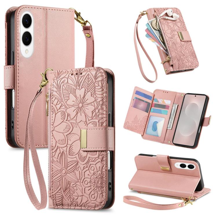 Funda de cuero con cremallera y correa para Samsung Galaxy S25 Edge 5G, diseño de flores y hojas (rosa)