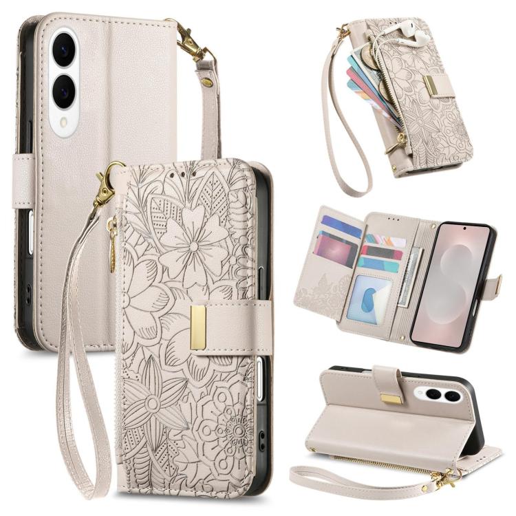 Funda de cuero con cremallera y correa para Samsung Galaxy S25 Edge 5G, diseño de flores y hojas (caqui)
