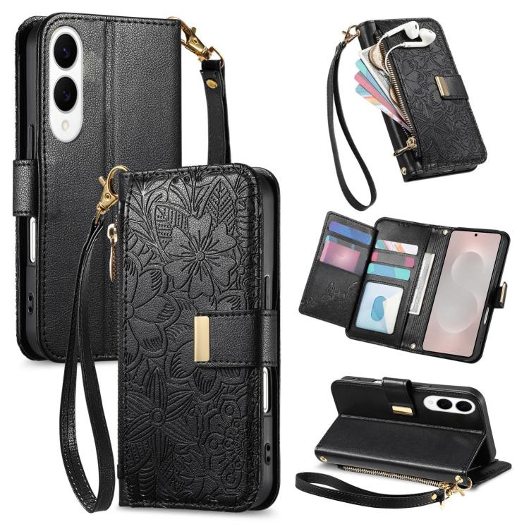 Funda de cuero con cremallera y correa para Samsung Galaxy S25 Edge 5G, diseño de flores y hojas (negro)