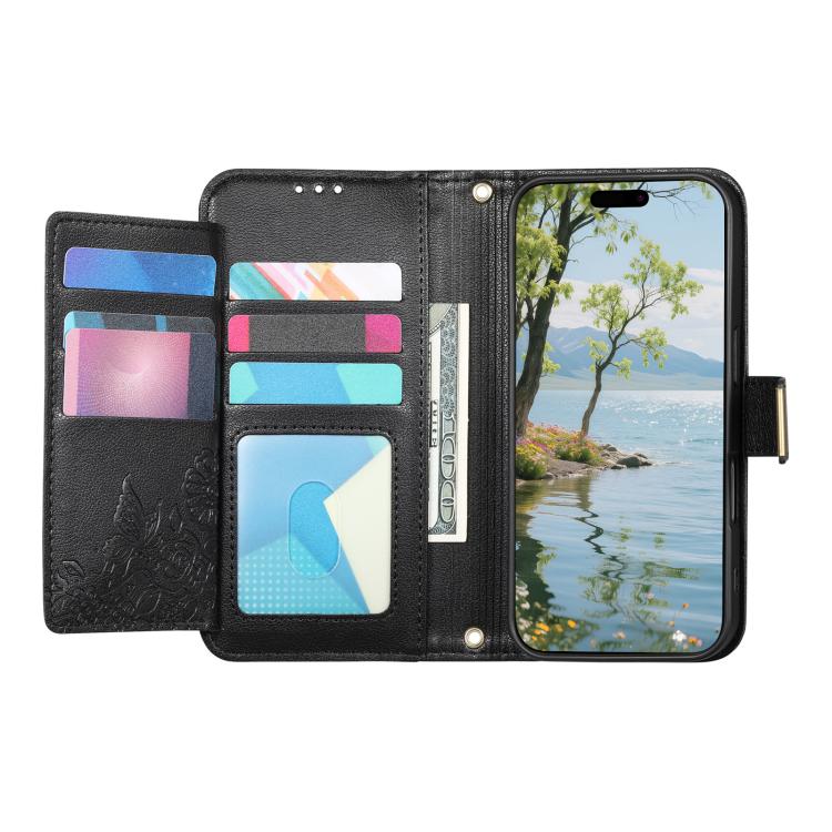 Funda de cuero con cremallera y correa para Samsung Galaxy S25 Edge 5G, diseño de flores y hojas (negro)