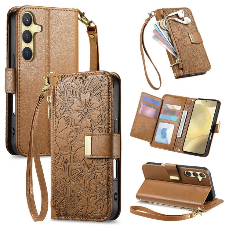 Funda de cuero con cremallera y correa para Samsung Galaxy S24 5G, diseño de flores y hojas (marrón)