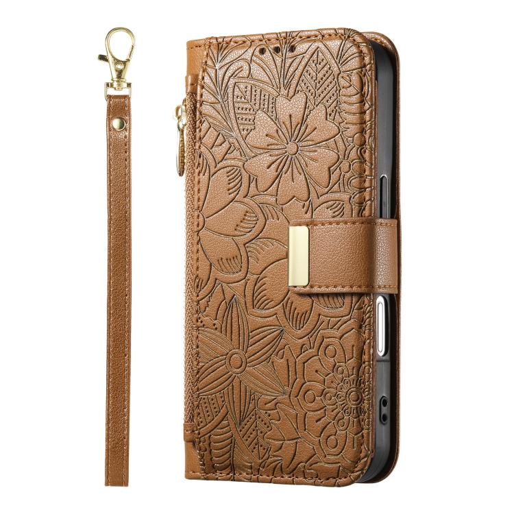 Funda de cuero con cremallera y correa para Samsung Galaxy S24 5G, diseño de flores y hojas (marrón)