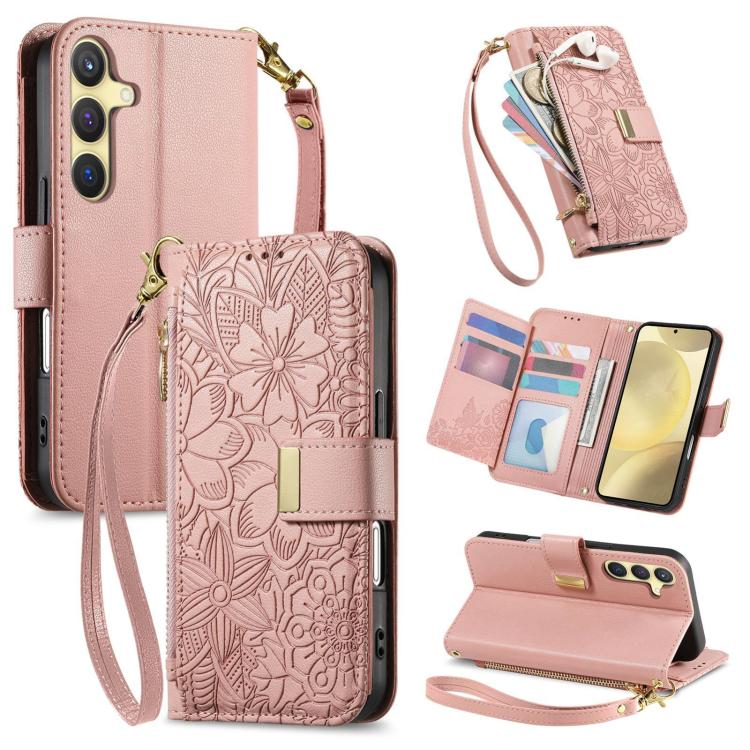 Funda de cuero con cremallera y correa para Samsung Galaxy S24 5G, diseño de flores y hojas (rosa)