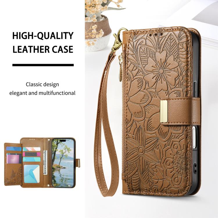 Funda de cuero con cremallera y correa para Samsung Galaxy S24+ 5G, diseño de flores y hojas (marrón)
