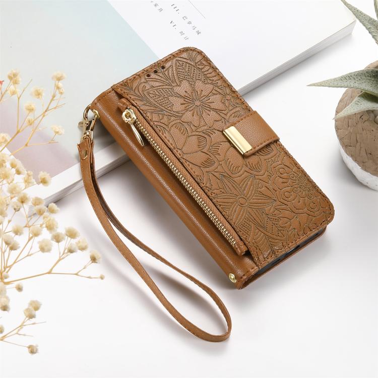 Funda de cuero con cremallera y correa para Samsung Galaxy S24+ 5G, diseño de flores y hojas (marrón)