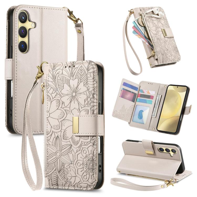 Funda de cuero con cremallera y correa para Samsung Galaxy S24+ 5G, diseño de flores y hojas (caqui)