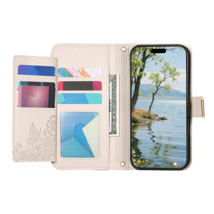 Funda de cuero con cremallera y correa para Samsung Galaxy S24+ 5G, diseño de flores y hojas (caqui)