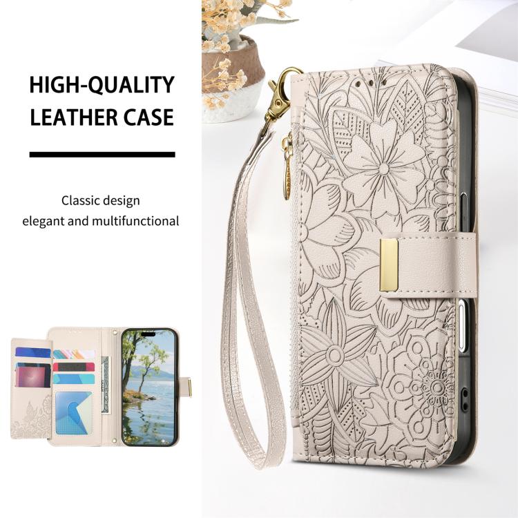 Funda de cuero con cremallera y correa para Samsung Galaxy S24+ 5G, diseño de flores y hojas (caqui)