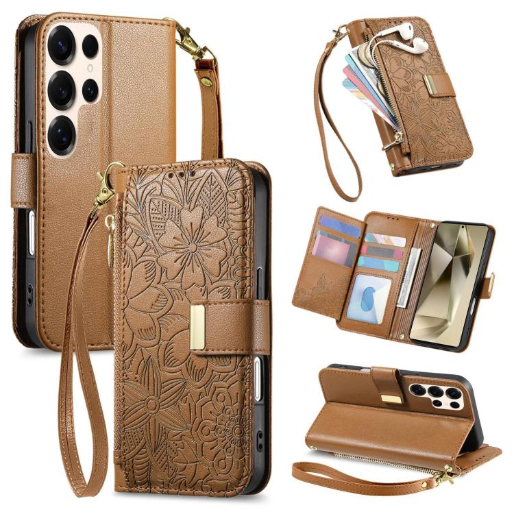 Funda de cuero con cremallera y correa para Samsung Galaxy S24 Ultra 5G, diseño de flores y hojas (marrón)