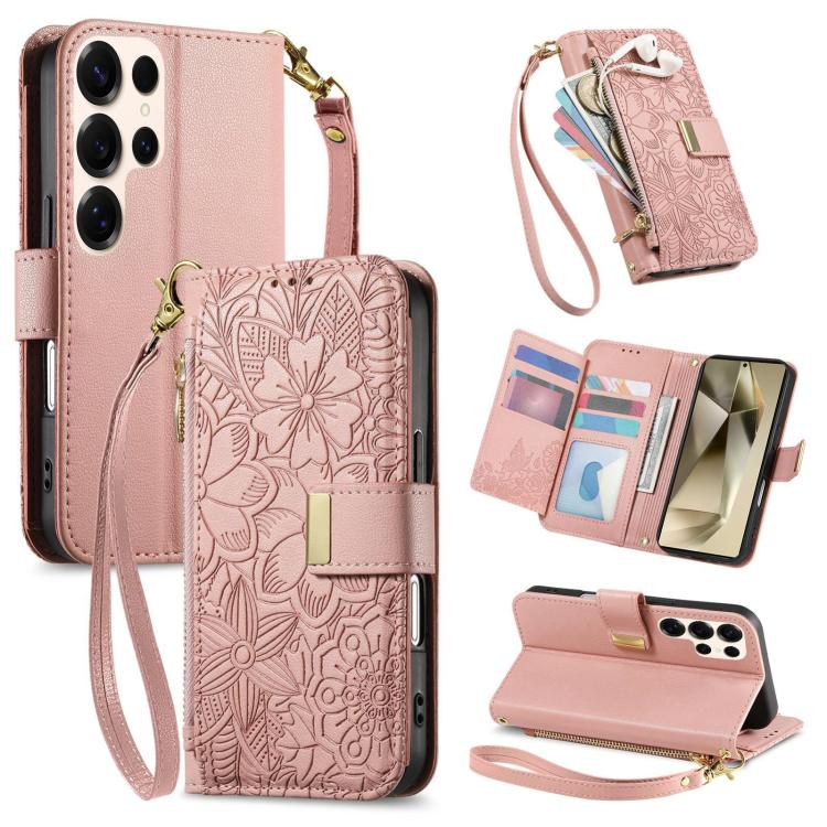 Funda de cuero con cremallera y correa para Samsung Galaxy S24 Ultra 5G, diseño de flores y hojas (rosa)