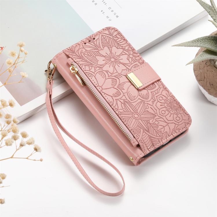 Funda de cuero con cremallera y correa para Samsung Galaxy S24 Ultra 5G, diseño de flores y hojas (rosa)