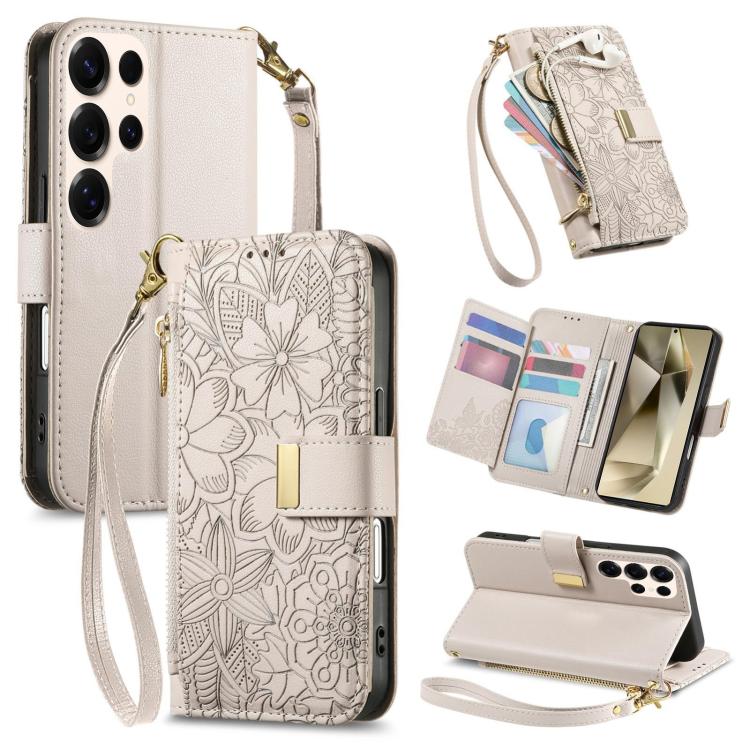 Funda de cuero con cremallera y correa para Samsung Galaxy S24 Ultra 5G, diseño de flores y hojas (caqui)
